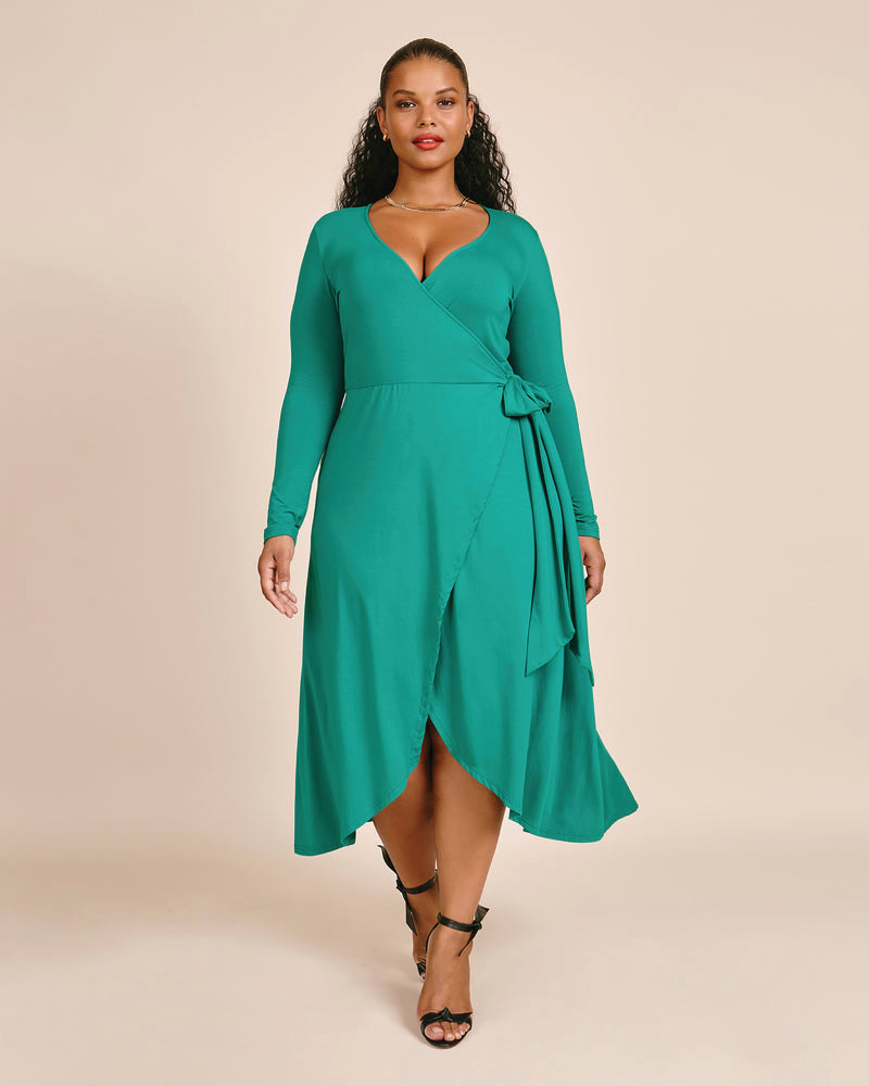 Plus size model wearing Luna Wrap Dress by 11 Honoré Collection | Dia&Co | dia_product_style_image_id:199695